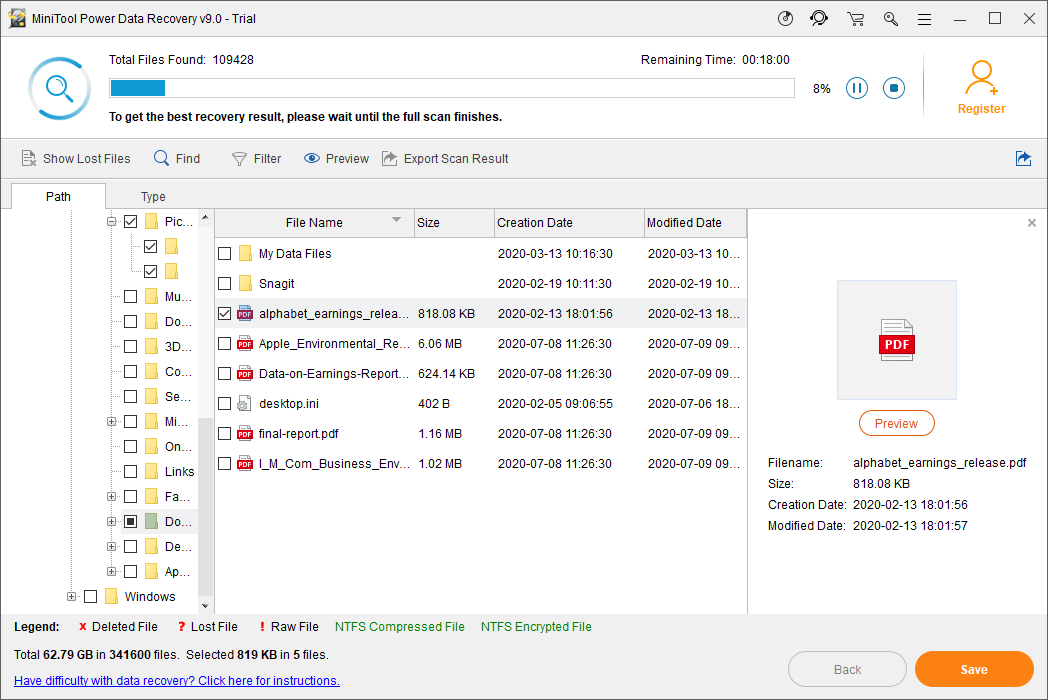 MiniTool Power Data Recovery scan process