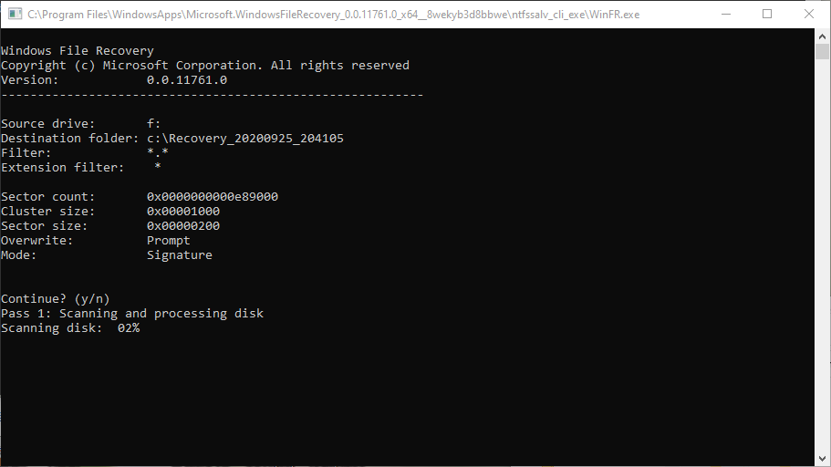 Windows file recovery scans the disk