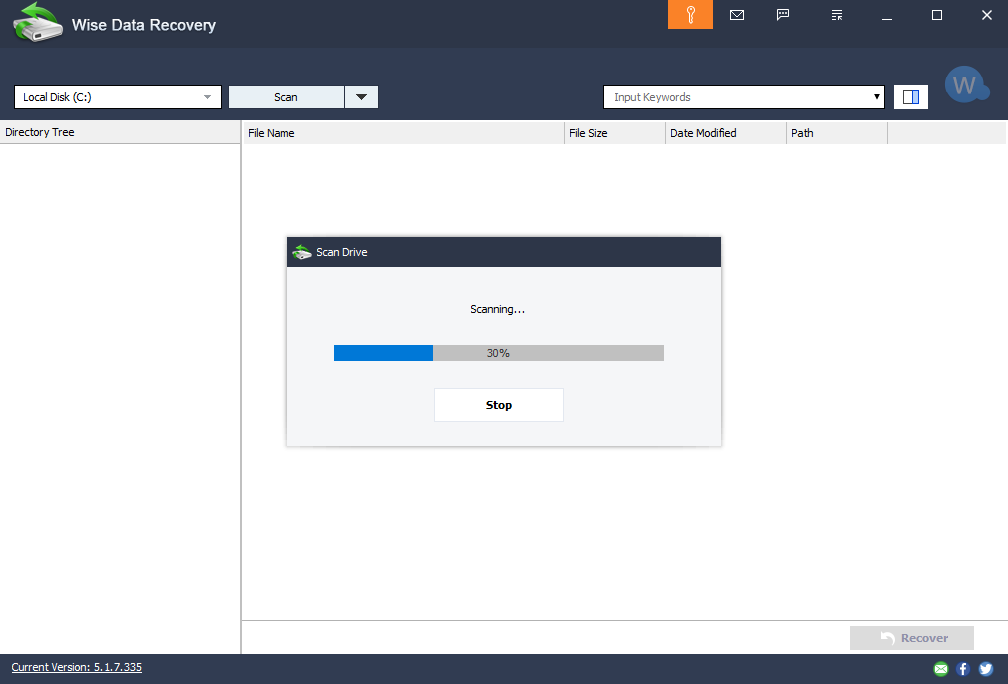 Wise Data Recovery is scanning the disk