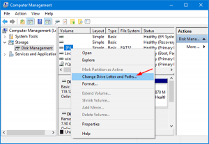 changing the drive letter from disk management