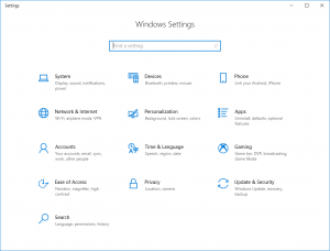 settings home page on Windows 10