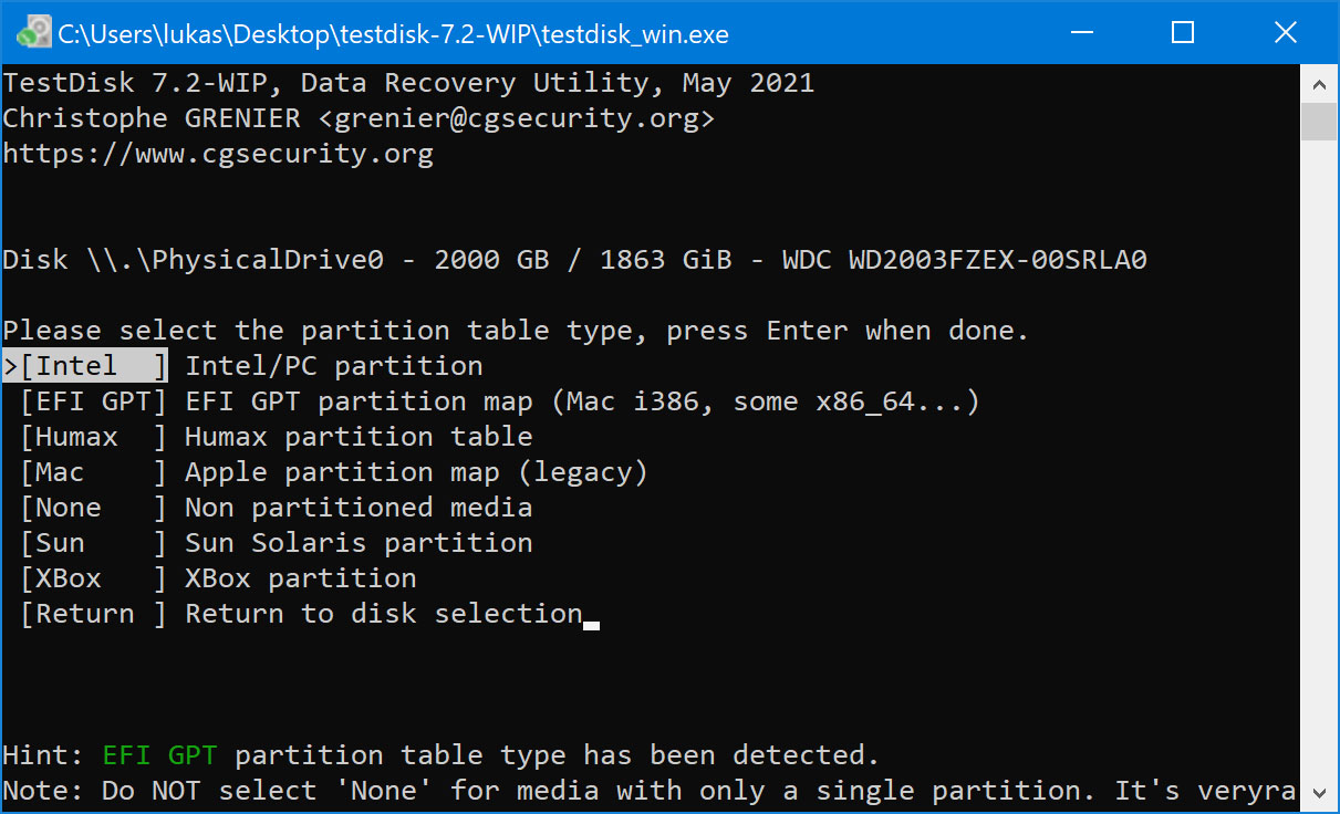 Partition table type selection