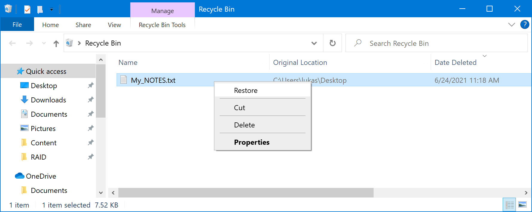 restore txt files from recycle bin