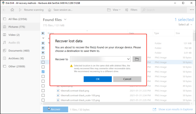 select location for recovered files