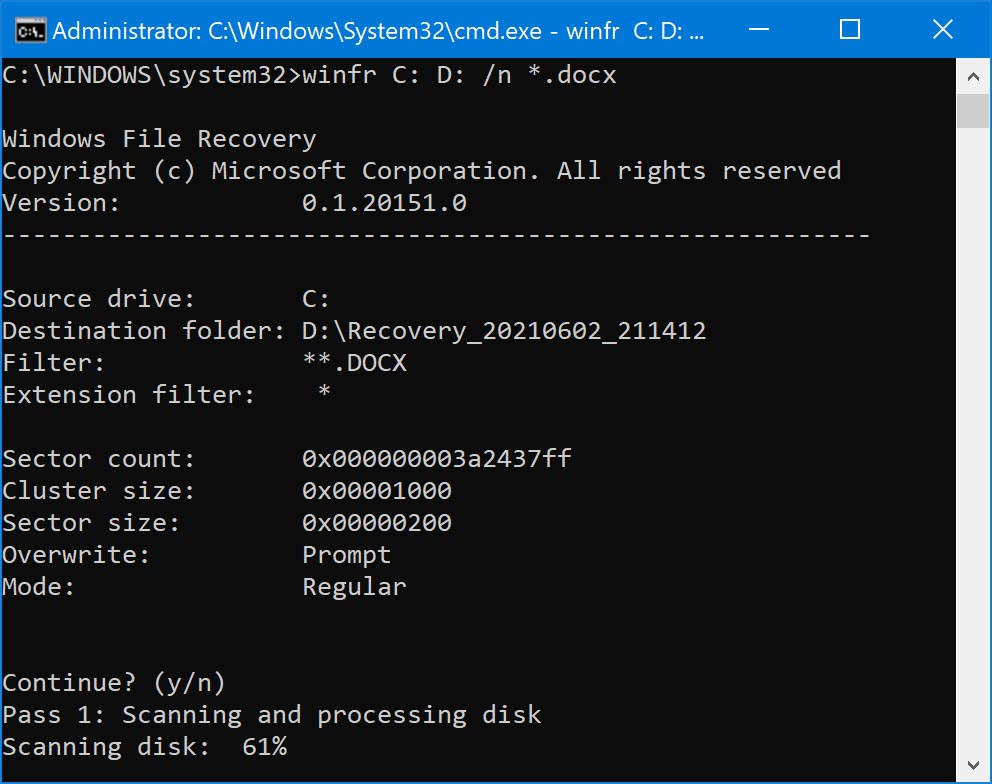 search docx files on your drive with windows file recovery