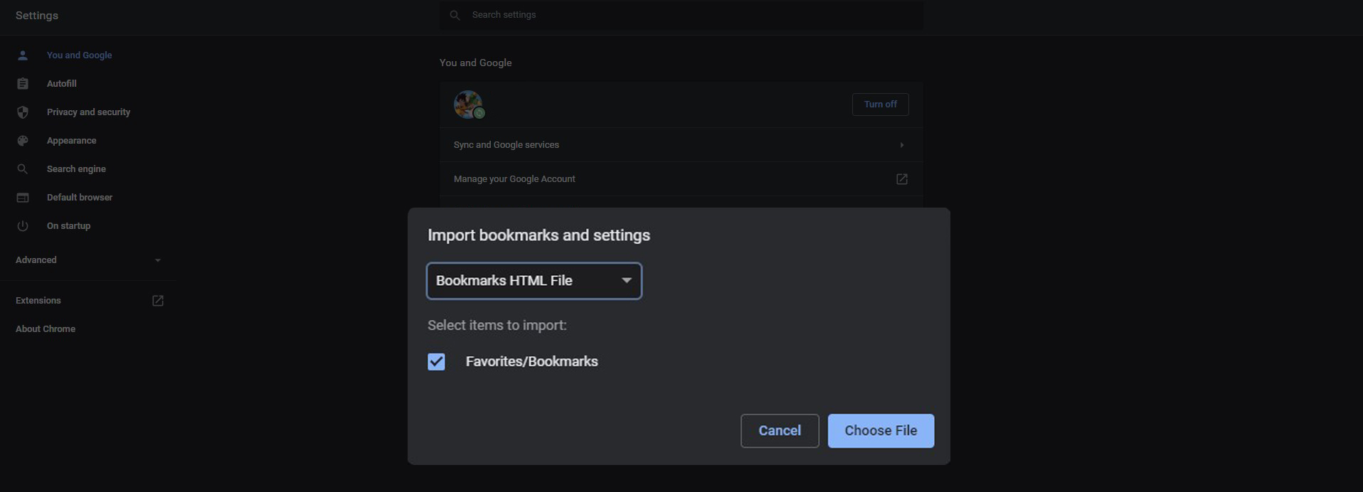 Import bookmarks from Import Bookmarks and Settings
