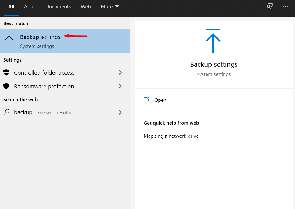 Look for backup settings option in Windows search bar