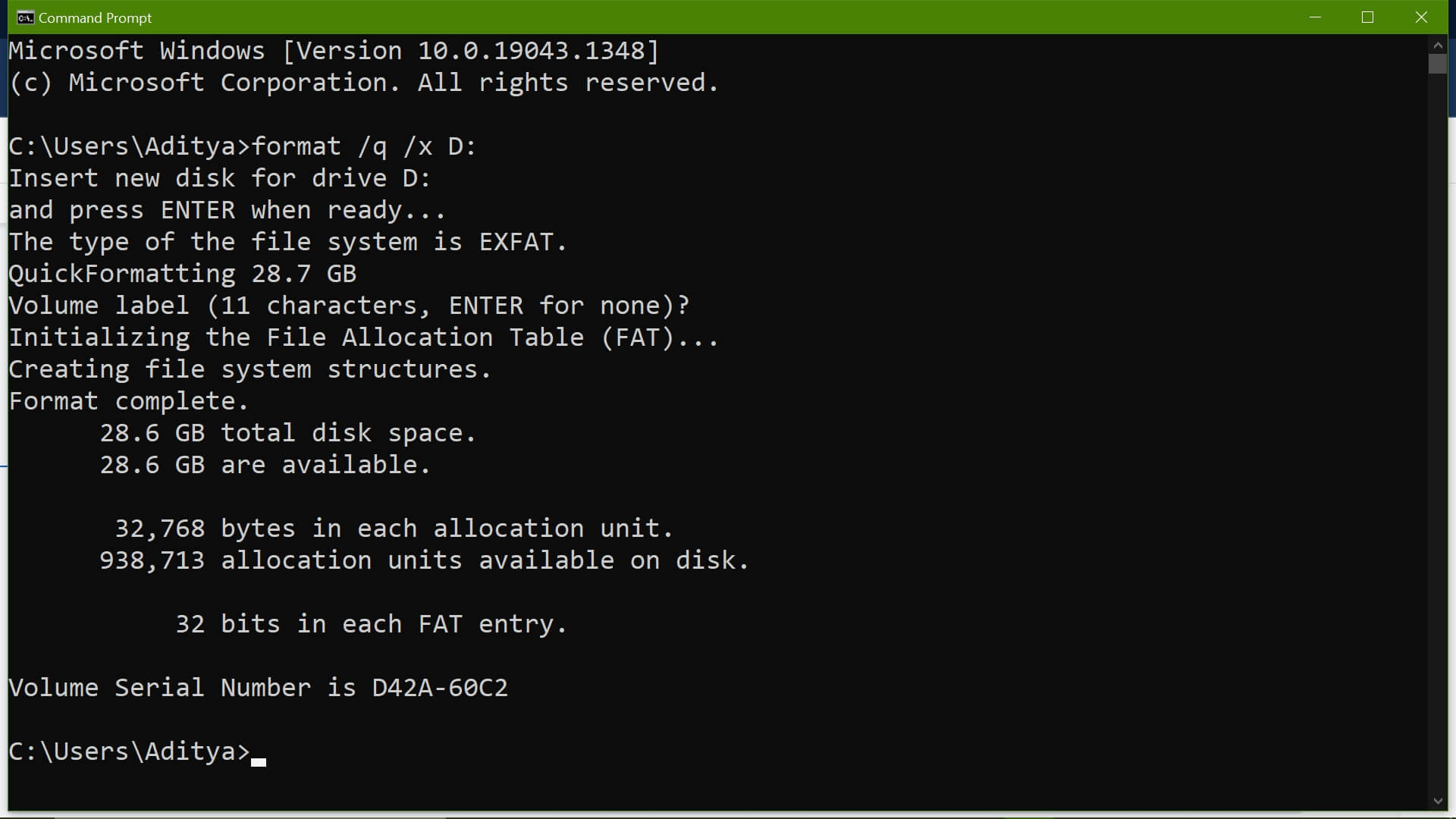 last command for usb format in command prompt windows 10