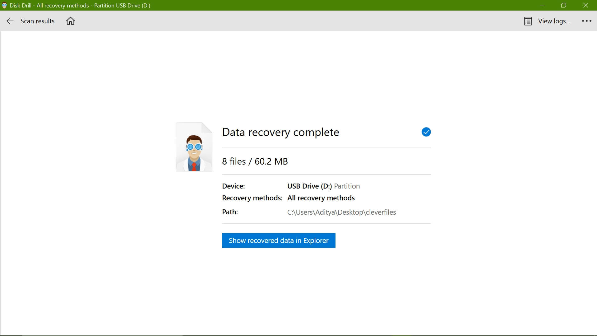 disk drill confirmation of recovery of lost files in windows 10