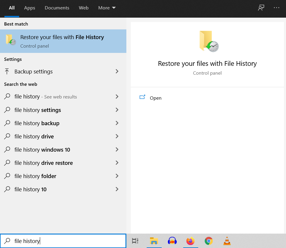 Search for file history in Windows search bar