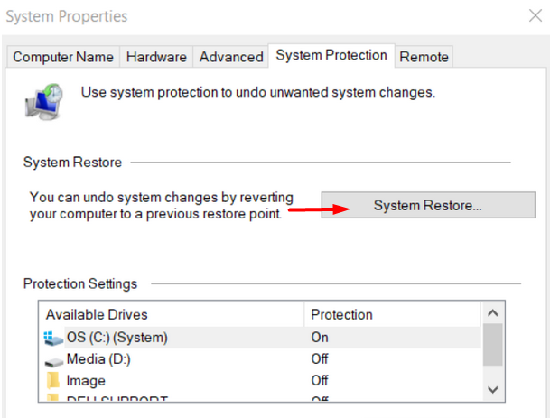 System restore button in Windows 10