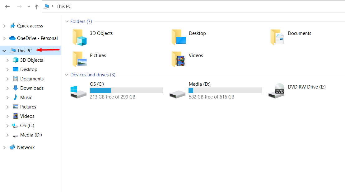 This PC drive in Windows File Explorer