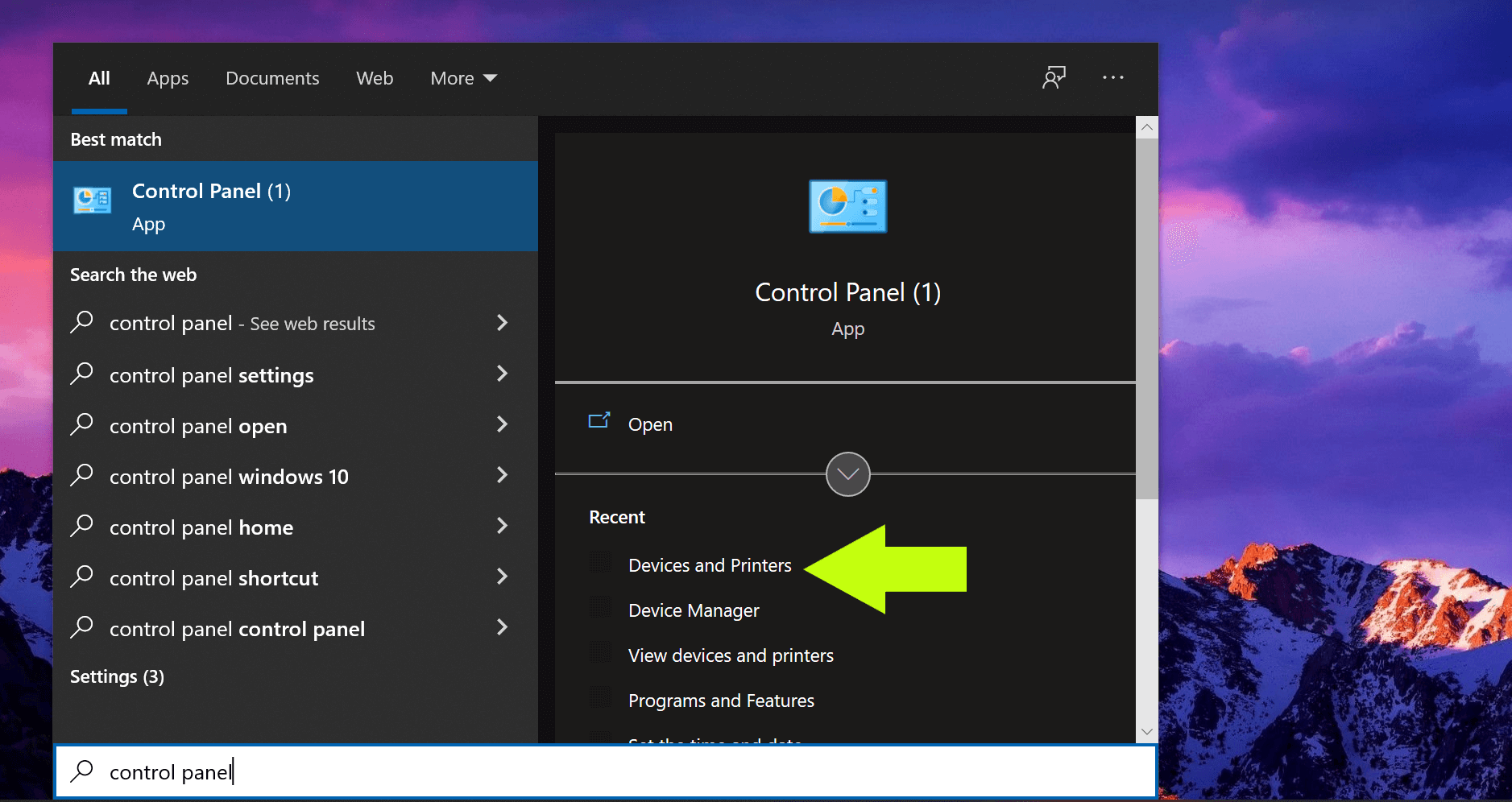 search for the control panel