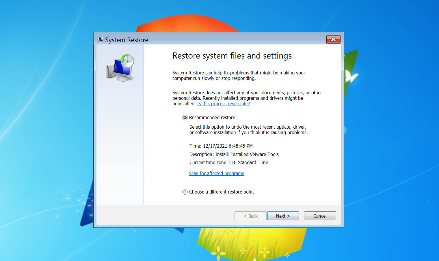 system restore windows 7