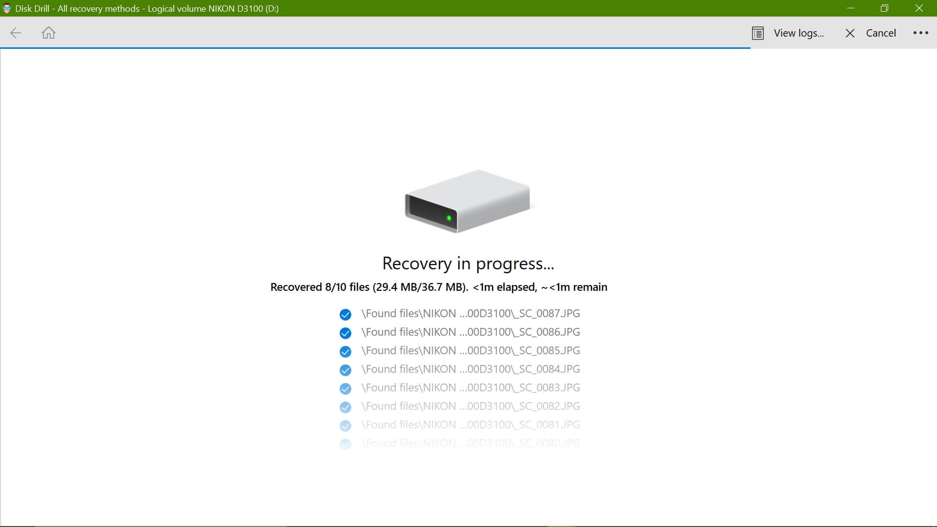 disk drill sd card photos recovery in progress