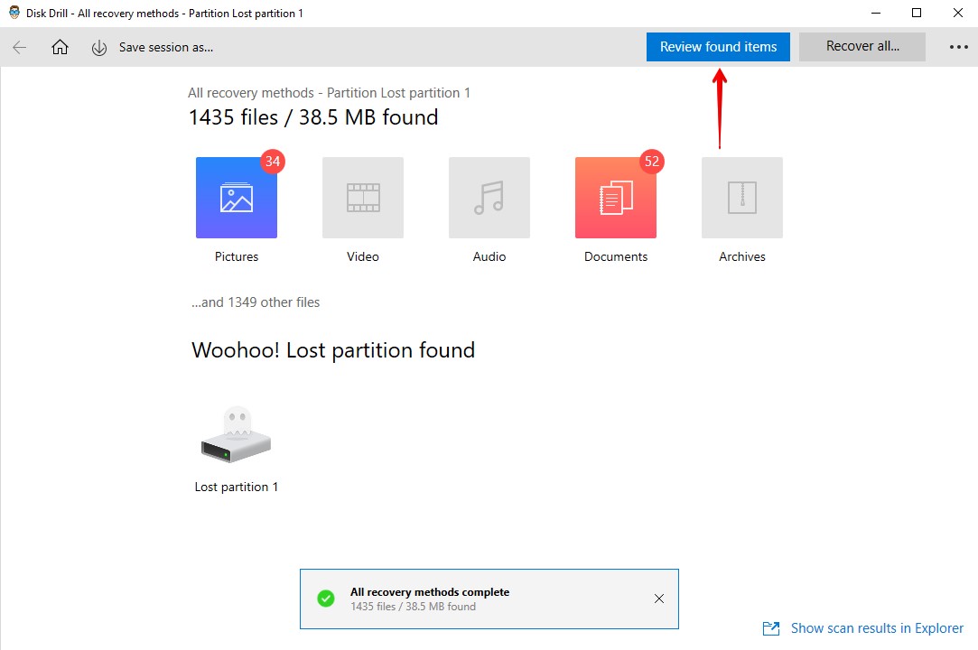 Lost partitions found on Disk Drill