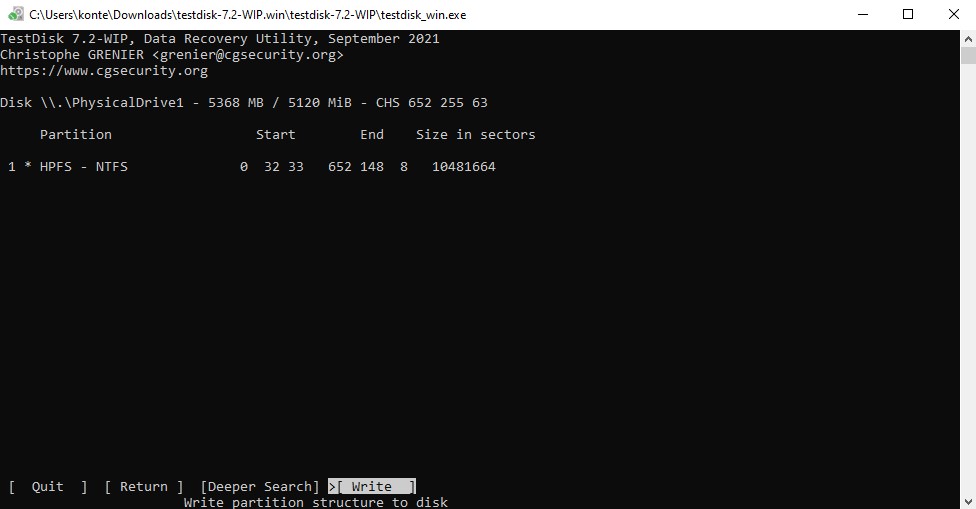 TestDisk write recovered NTFS partition