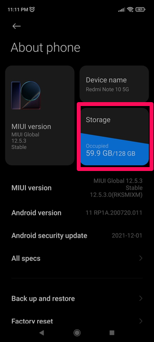 about phone storage settings