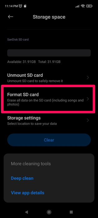 format sd card option