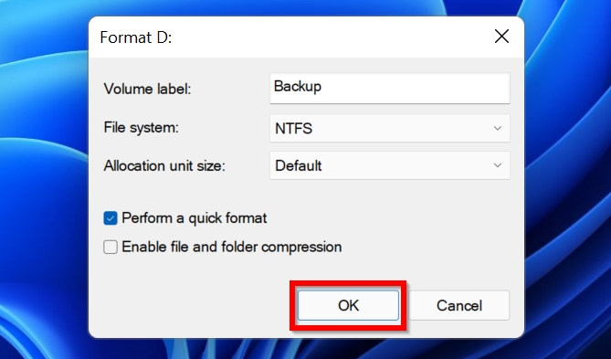 Format options in Disk Management.
