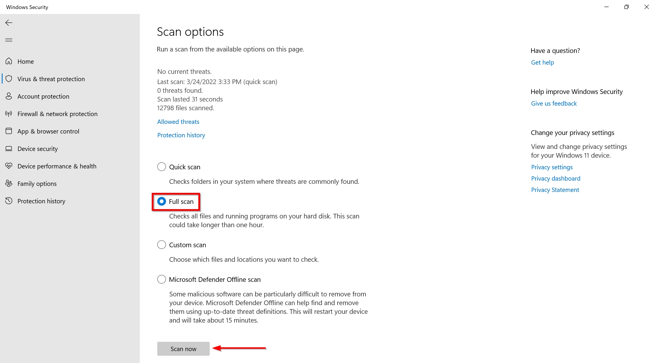 Virus scan options in Windows 11.