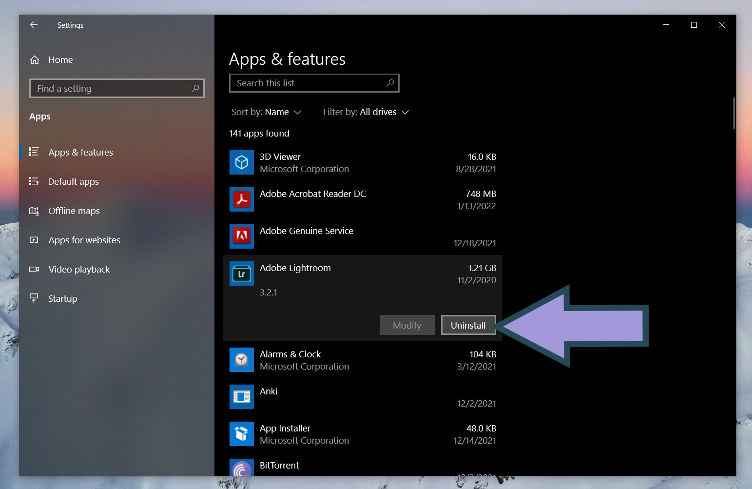 uninstall button on windows apps and features
