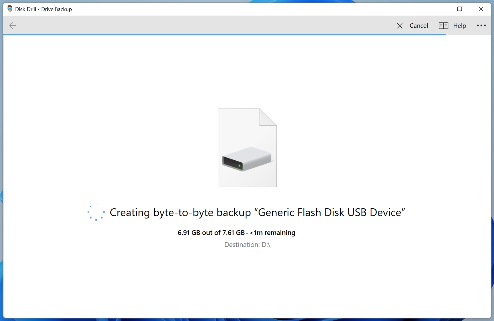 Byte to byte backup process screen.