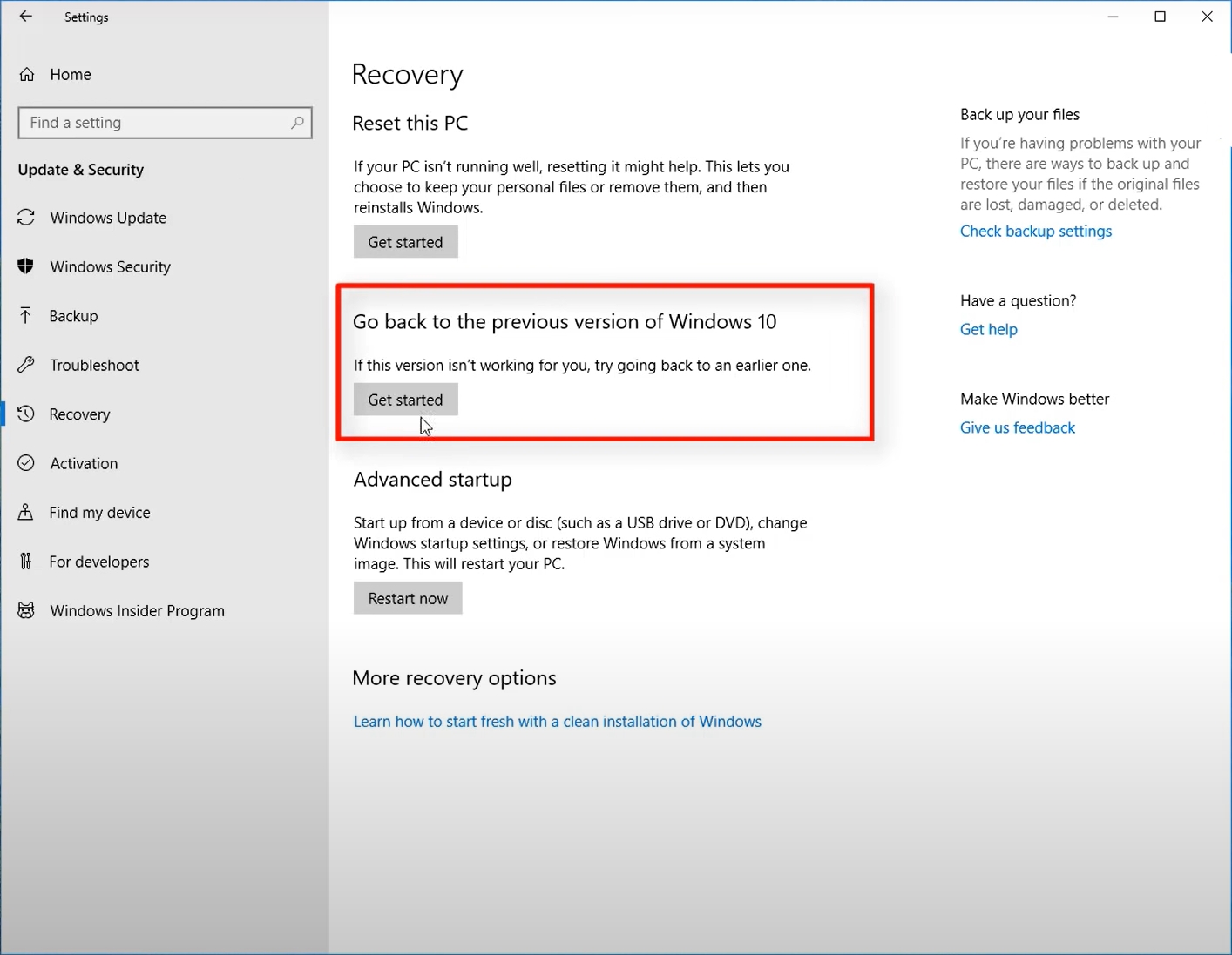 Get Started option in Windows Update.