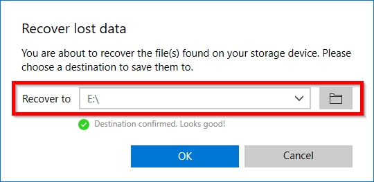 Recovered data save location window.