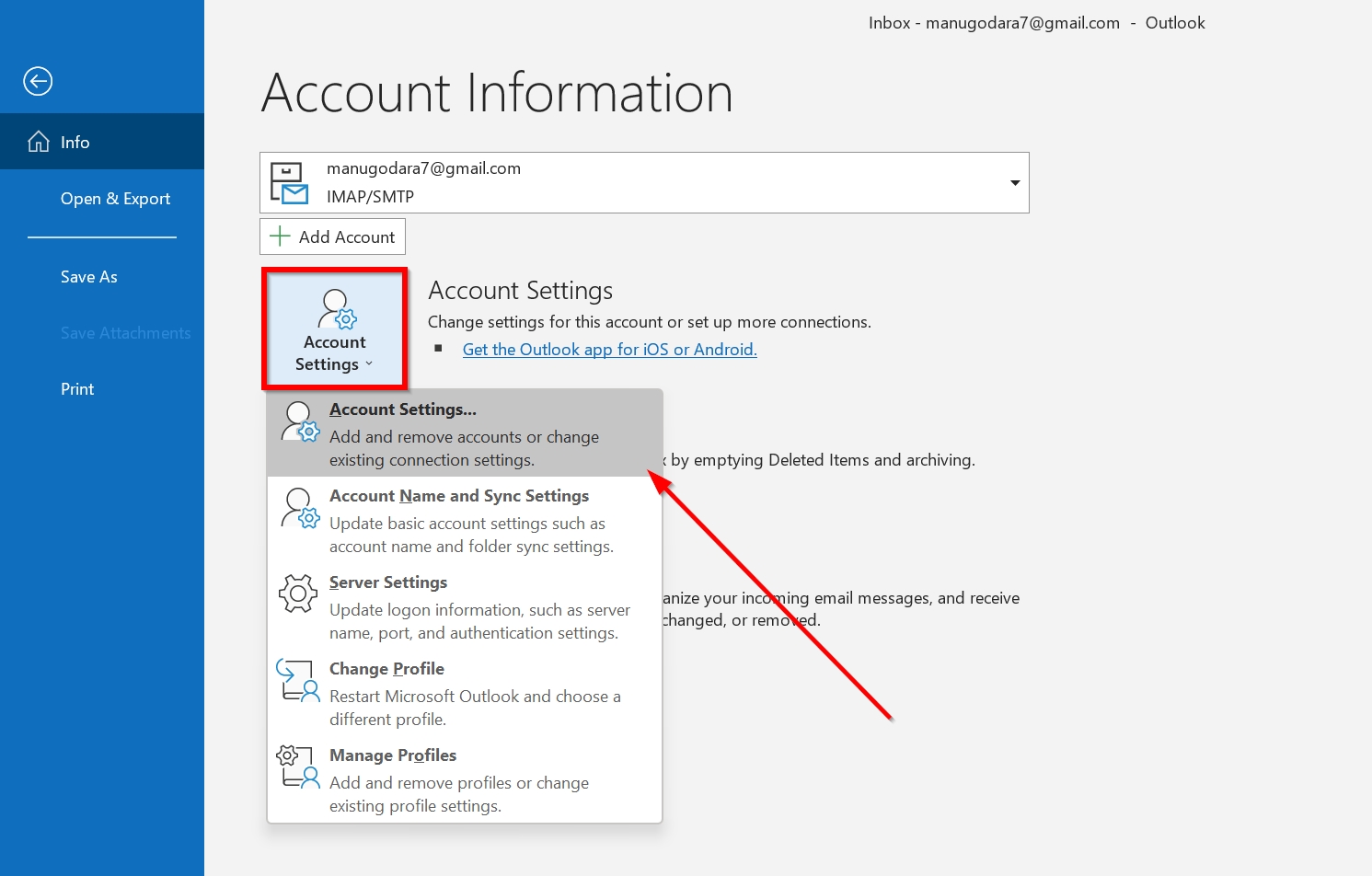 Account settings page in Outlook.