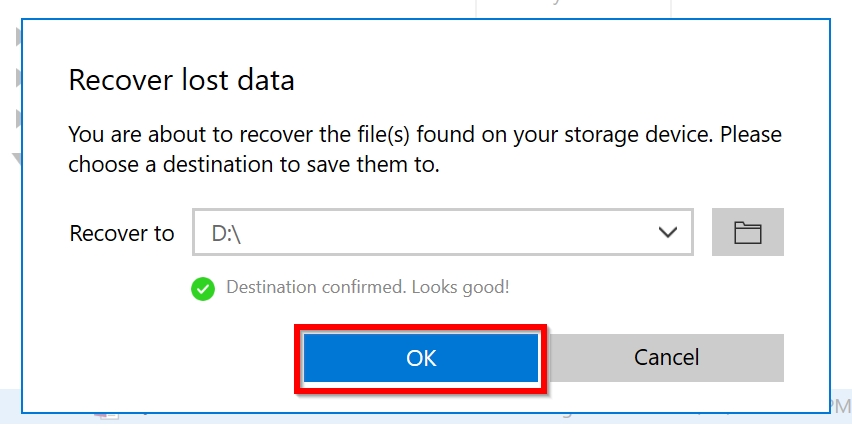 Select file recovery destination screen in Disk Drill.