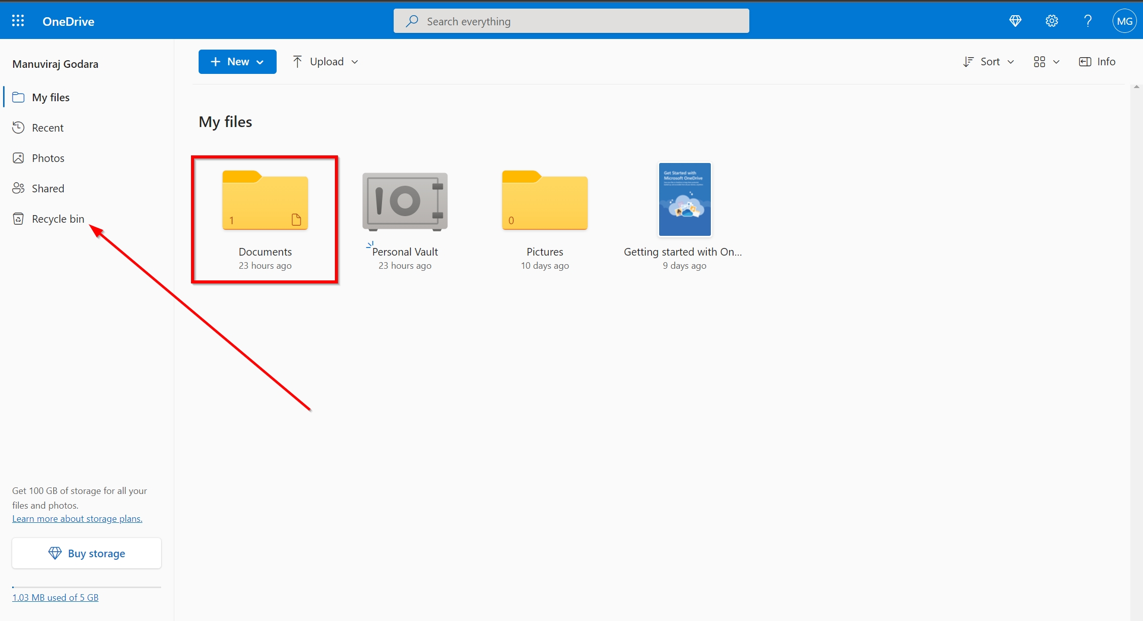 OneDrive documents folder and Recycle Bin option.