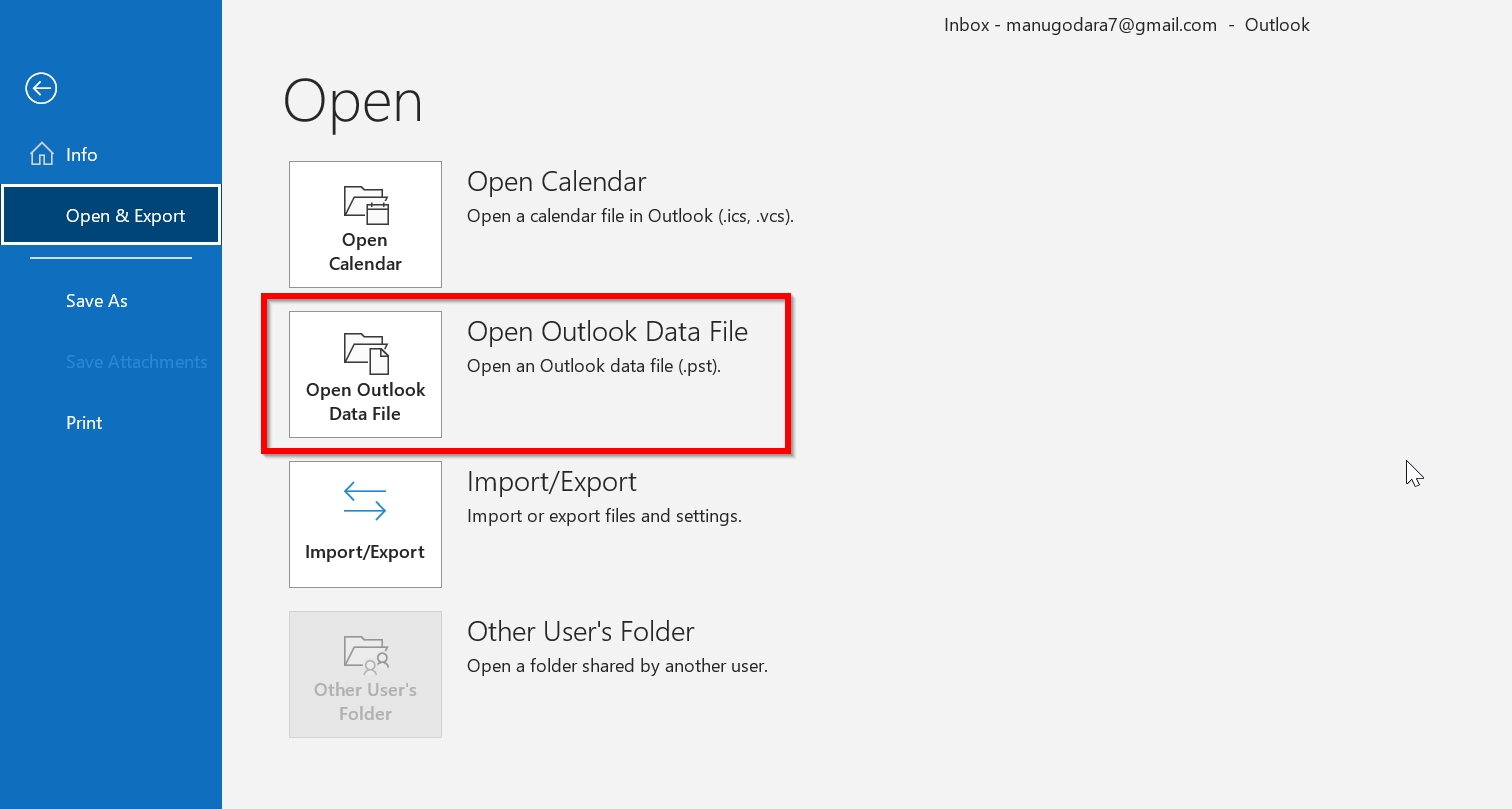 Open Outlook Data File option.