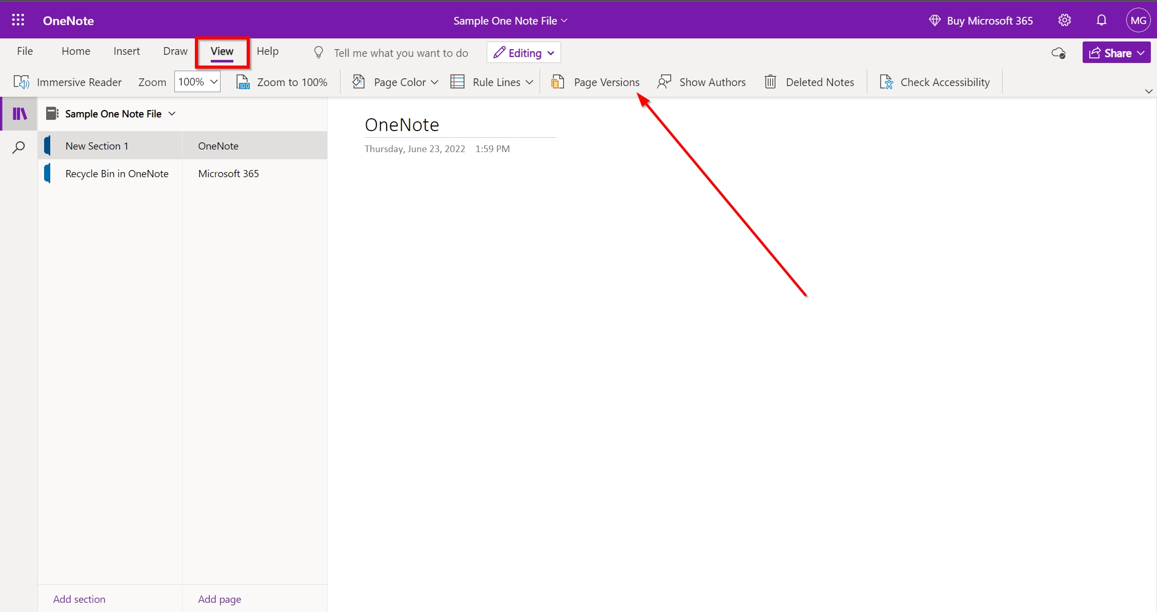 Page versions option in OneNote web.
