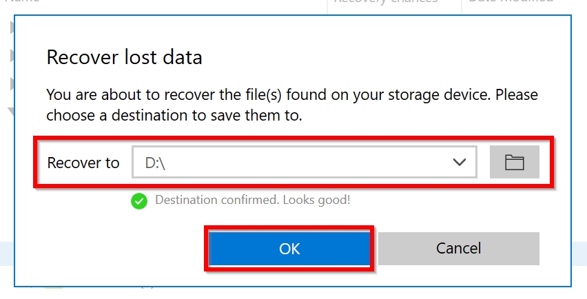 File recovery destination screen.