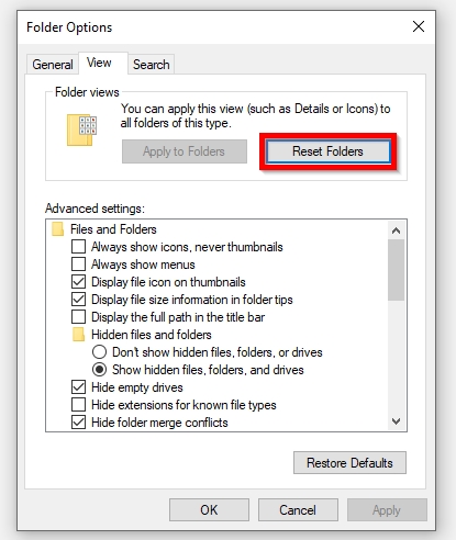 Reset Folders using Quick Access options.