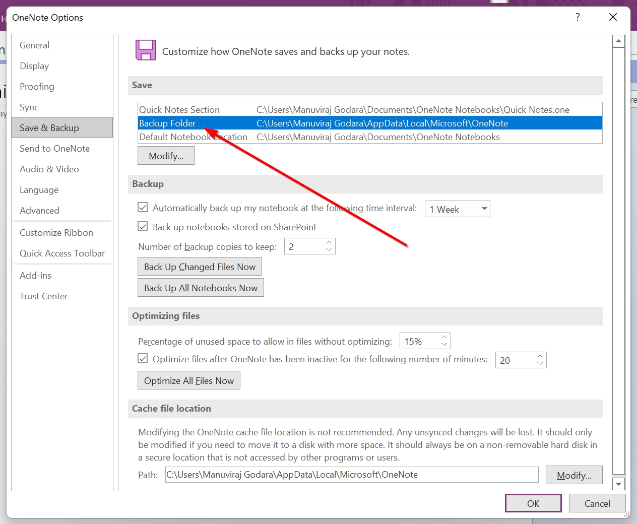 The Save & Backup option in OneNote.