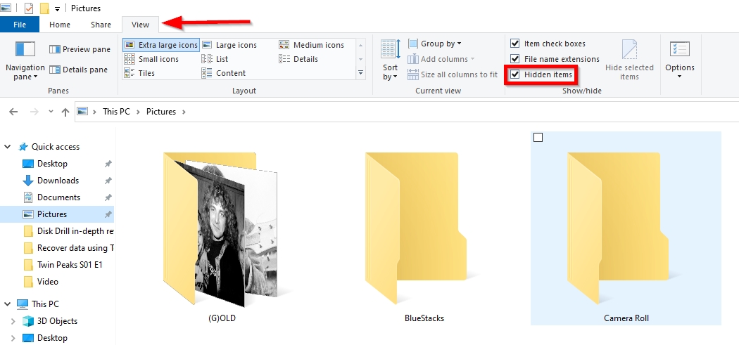 View hidden items checkbox in File Explorer.