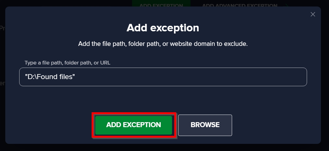 Add exception button after browsing.