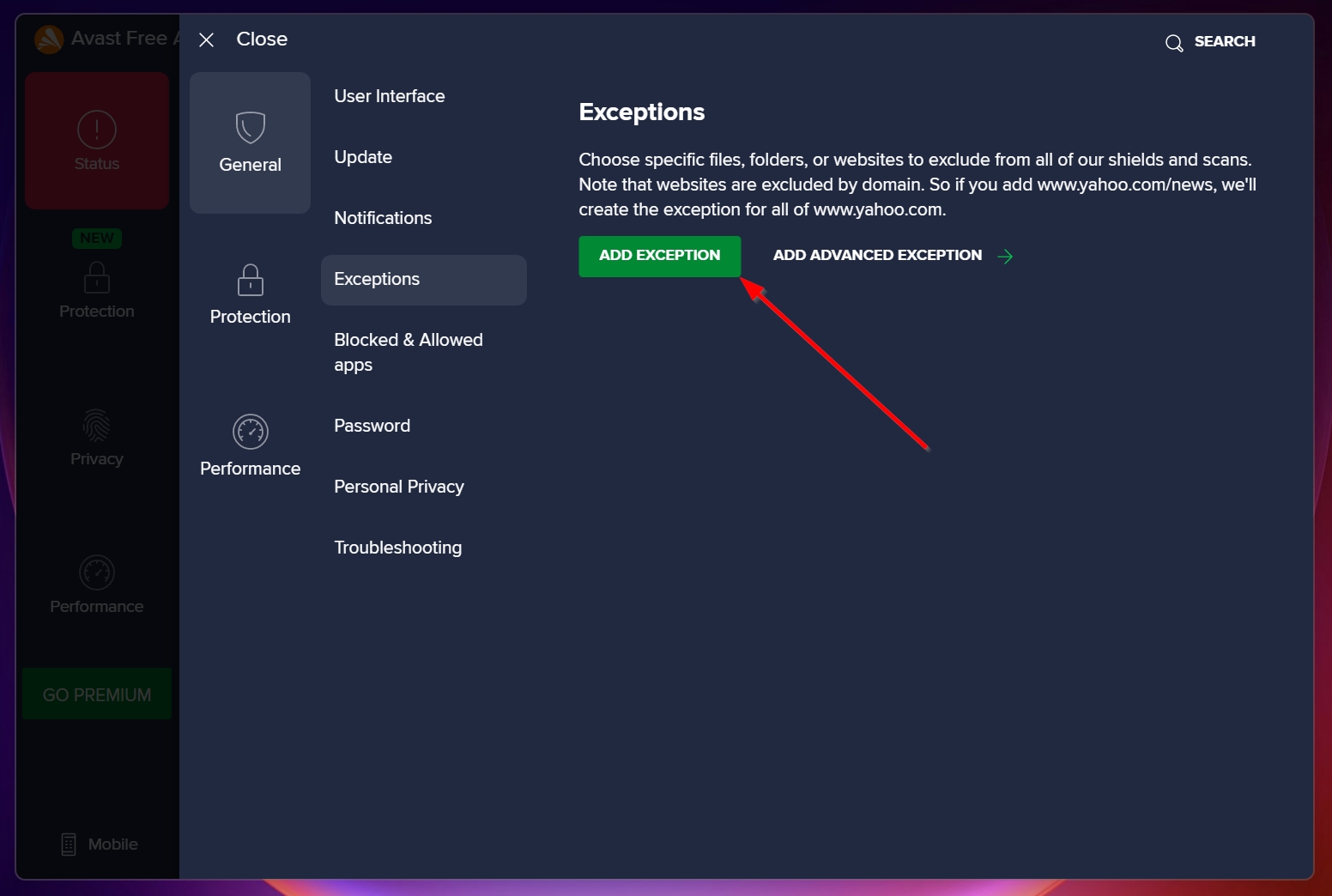 The add exception option in Avast.