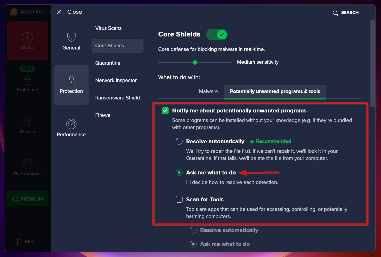 Potentially unwanted tools and programs detection settings in Avast.