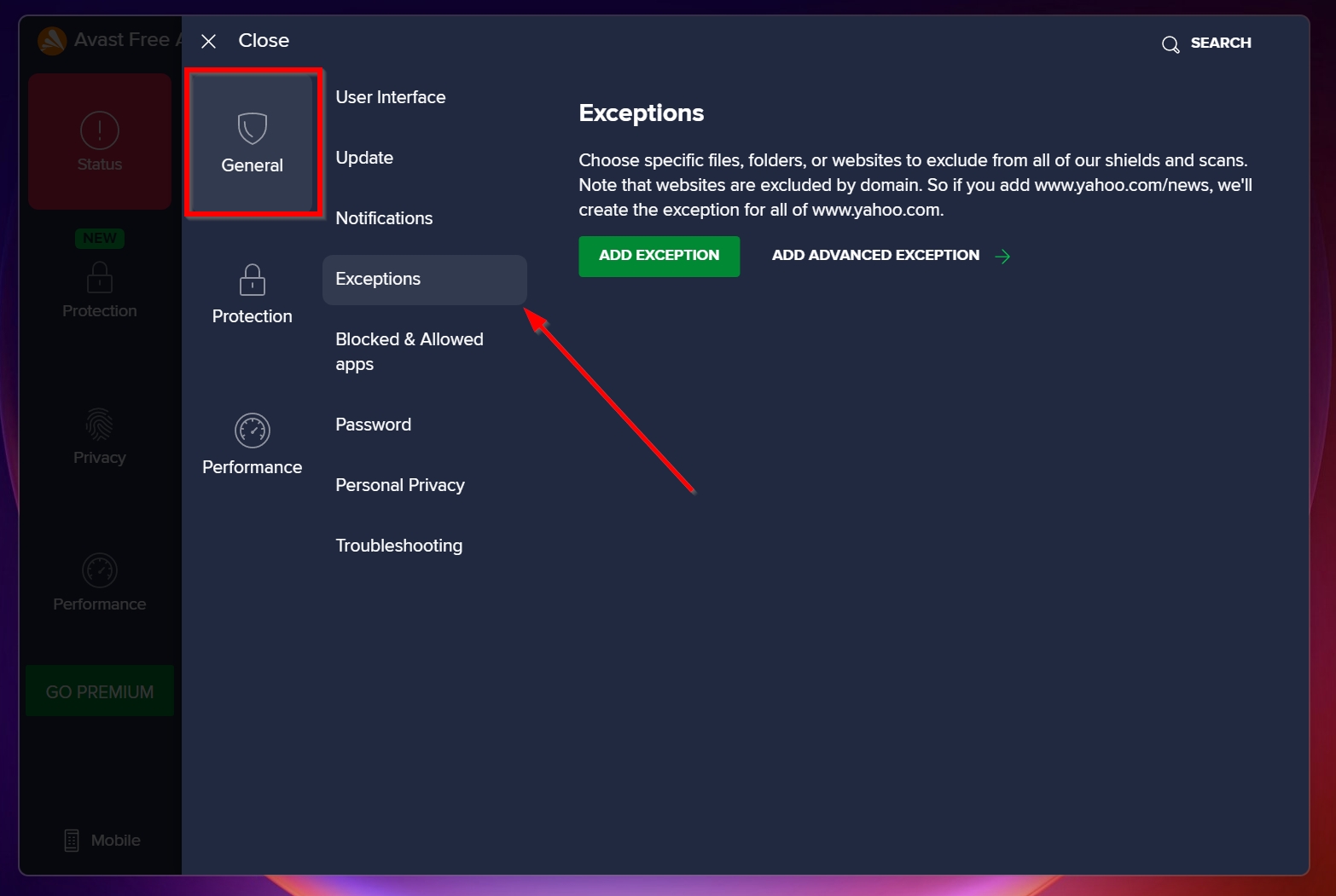 Exceptions option in Avast.
