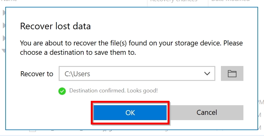 File recovery destination selection screen in Disk Drill.