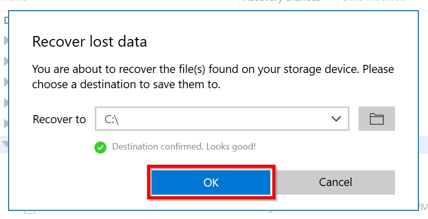Recovered files destination selection screen.