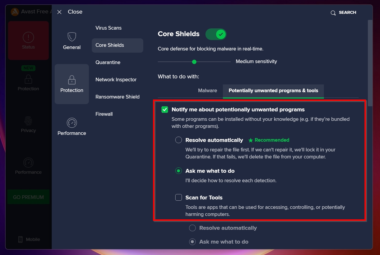 Automatic actions when potentially unwanted programs or tools are detected by Avast.