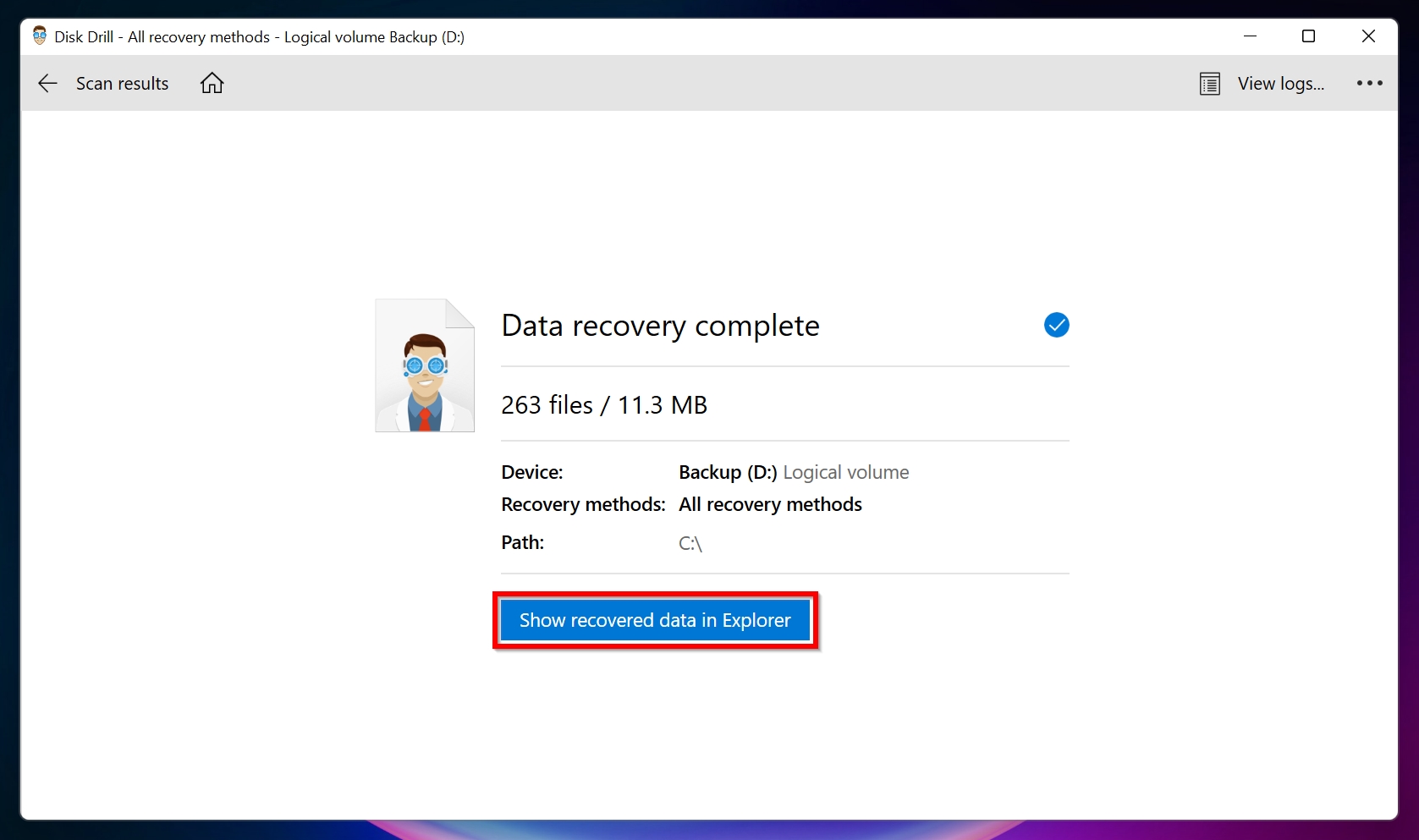 File recovery complete screen in Disk Drill.