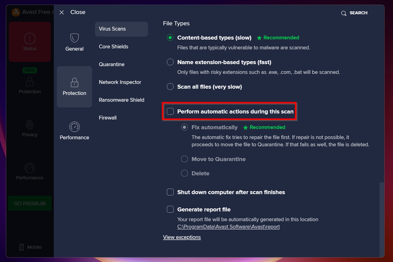 Automatic actions performed when Avast detects a virus during a scan.