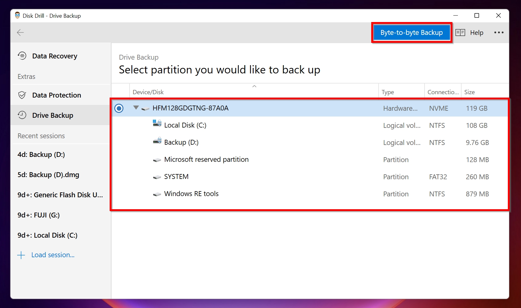 Drive Backup screen in Disk Drill, with the Byte-to-byte backup button highlighted.