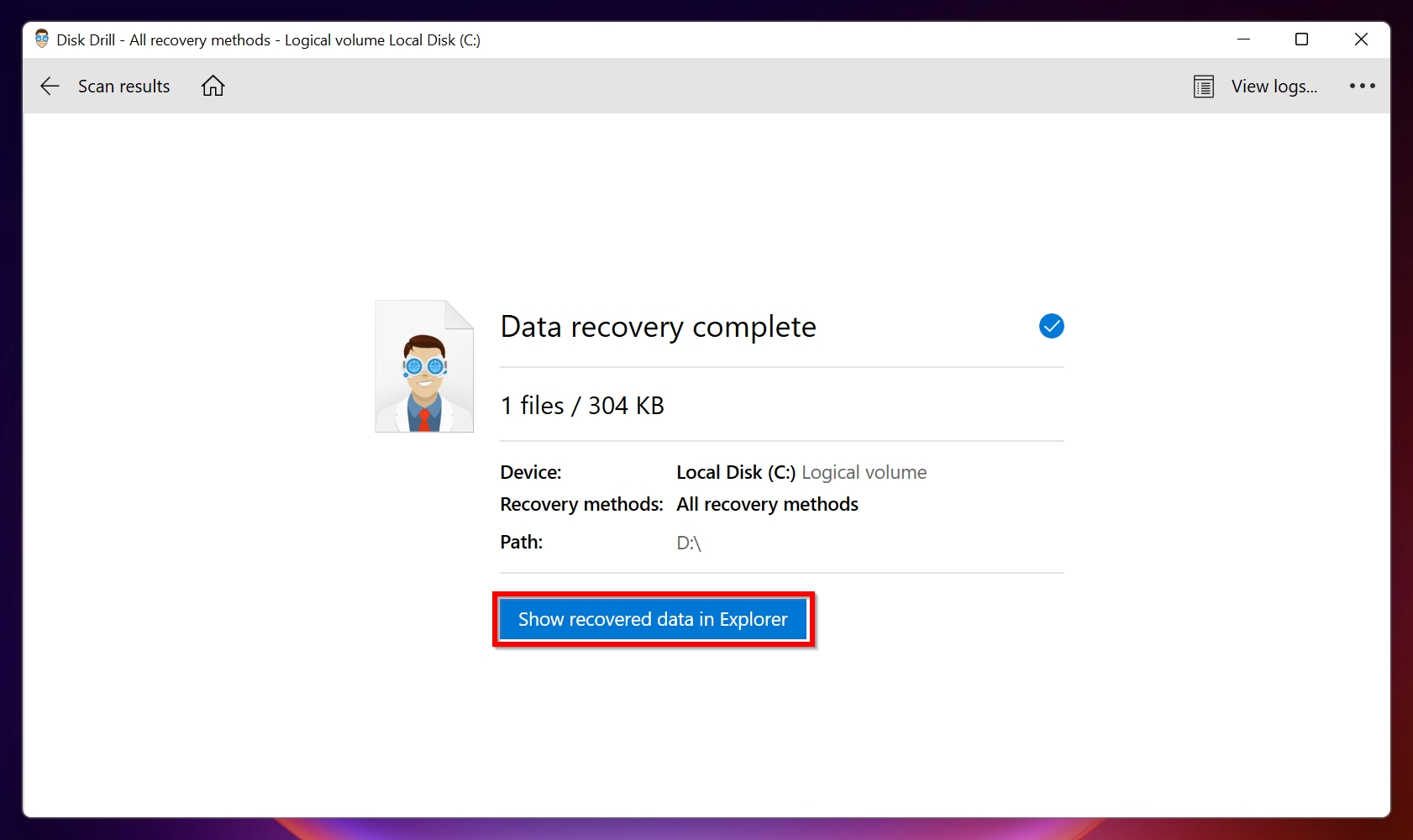 File recovery complete screen in Disk Drill.