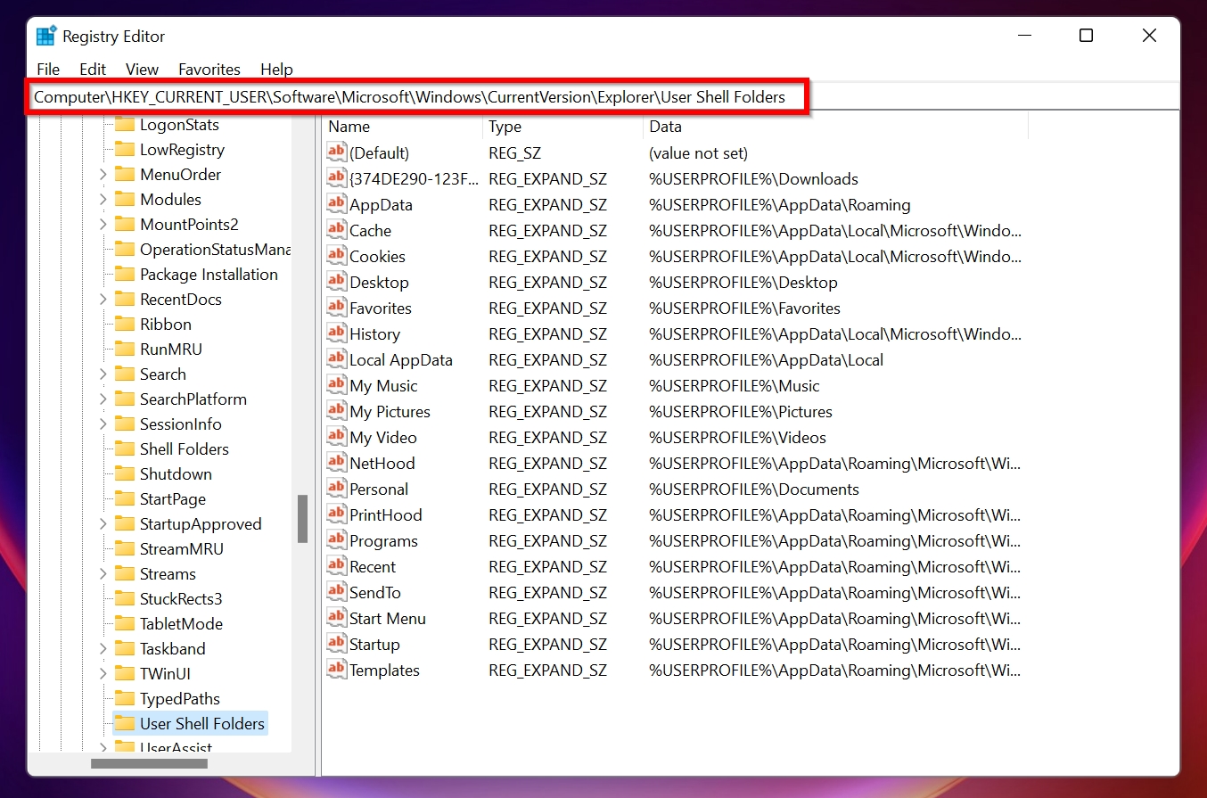 User Shell Folders screen in Windows Registry Editor.